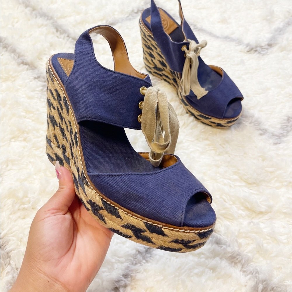 Tory Burch Wedges Espadrilles Bow Tie Blue Canvas Slingback Shoes size 8